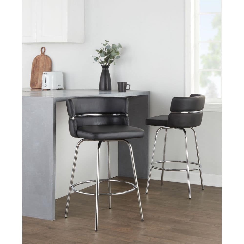 Set of 2 Black Faux Leather and Chrome Swivel Counter Stools