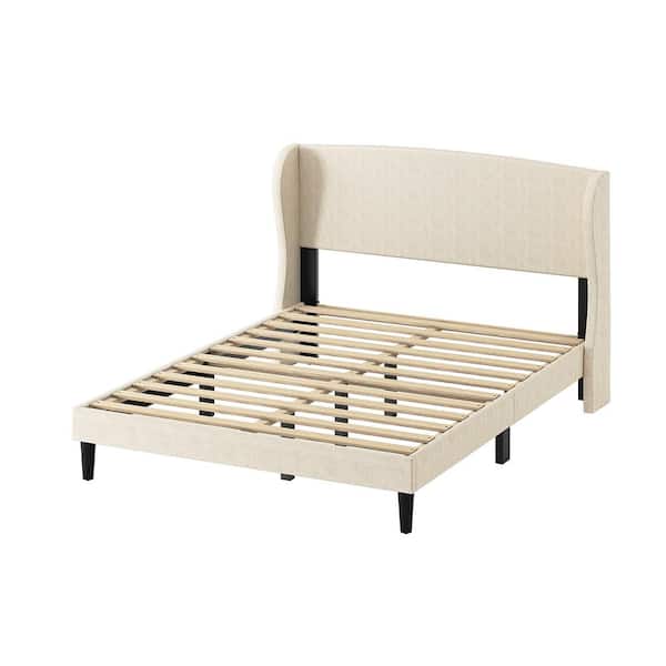 JAYDEN CREATION Eckhard Oatmeal Upholstered Wingback Full Platform Bed with Tapered Legs