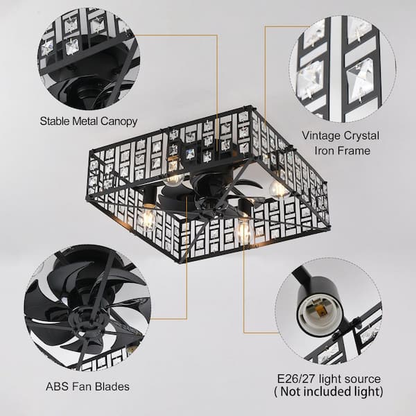 Genoci 19.68 in. Black Modern Crystal Square Caged Flush Mount