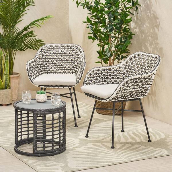Noble House Gulley Black 3-Piece Faux Rattan Patio Conversation Seating Set with Beige Cushions