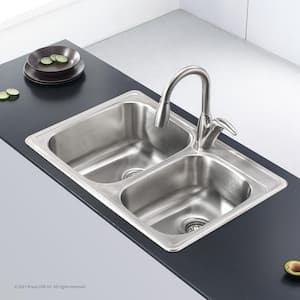Premier Kitchen 33 in. Drop-In 60/40 Double Bowl 18 Gauge Satin Stainless Steel Kitchen Sink with Accessories