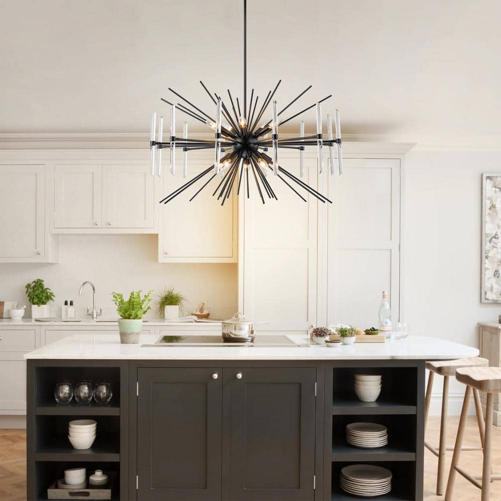 10-Light Matte Black Modern/Contemporary Sputnik Glass Rods Chandelier for 