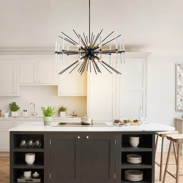 10-Light Matte Black Modern/Contemporary Sputnik Glass Rods Chandelier for Living Room, Reception, Dinning Room