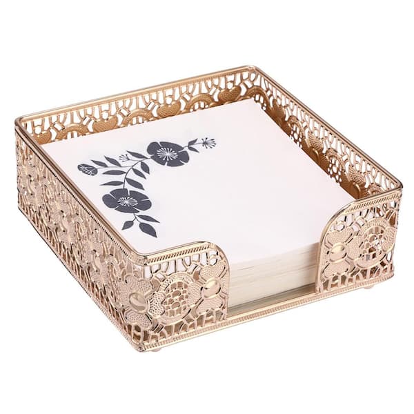 7.3 in. Square Golden Napkin Holder with Hollowed Floral Pattern and Mirror Bottom for Kitchen, Bar Set
