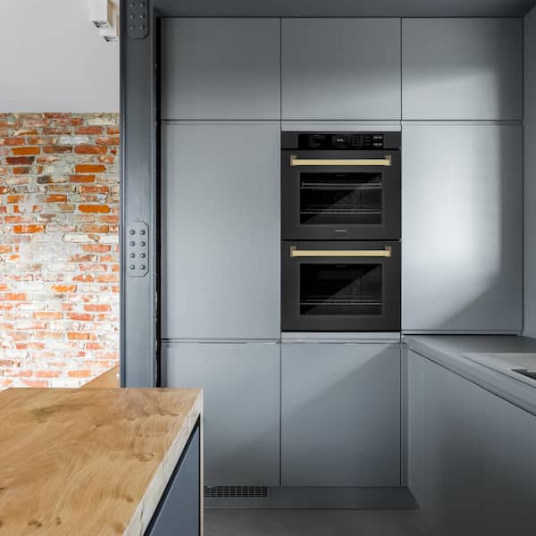Autograph Edition 30 in. Double Electric Wall Oven with True Convection in Black Stainless with Polished Gold Handles