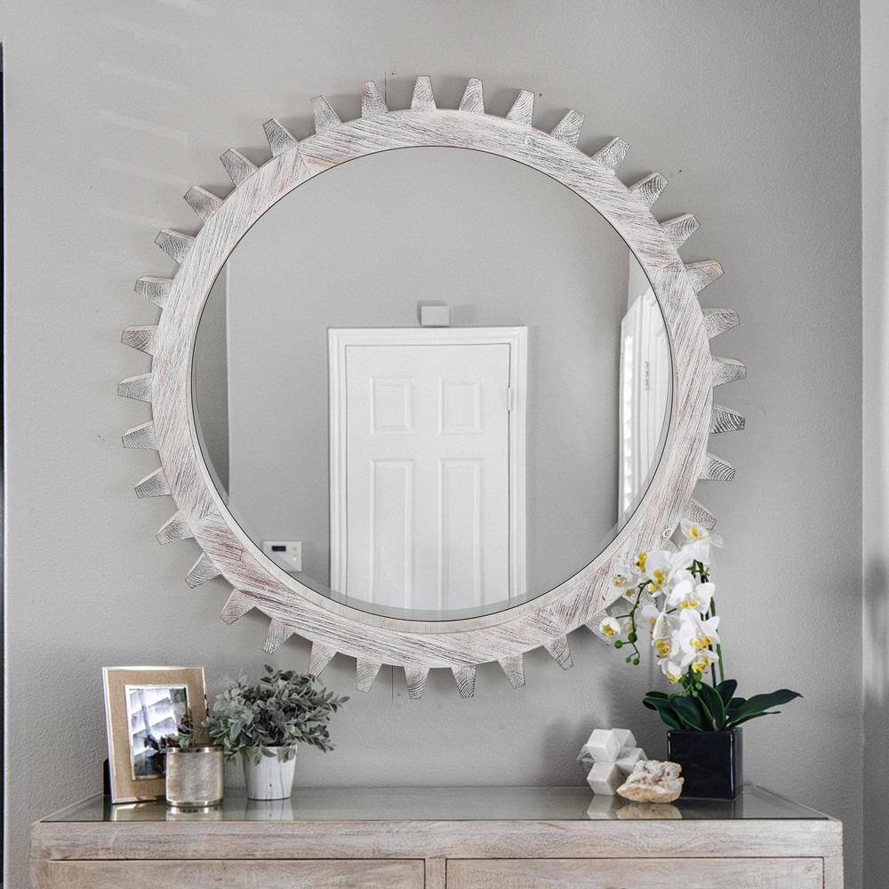 Antiqued White Distressed Wood Round Gear-Shaped Mirror 34" x 34"