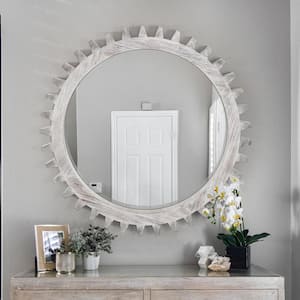 34 in. W x 34 in. H Round Framed Floating Bathroom Vanity Mirror in Antiqued White Solid Wood