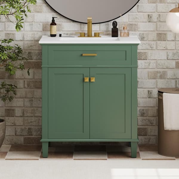30 in. Single Sink Freestanding Green Bath Vanity with White Ceramic Top and Soft Close Door, Adjustable Shelves