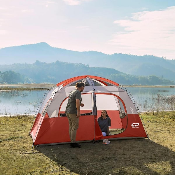 Cesicia Outdoor Double Layer 11 ft. x 7 ft. x 72 in. 6-Person Red Fabric Camping Tent with Carry Bag and 4 Large Mesh Windows