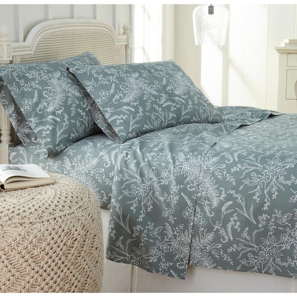 Southshore Fine Linens Winter Brush 4-Piece White Botanical on Teal Microfiber Full Deep Pocket Sheet Set