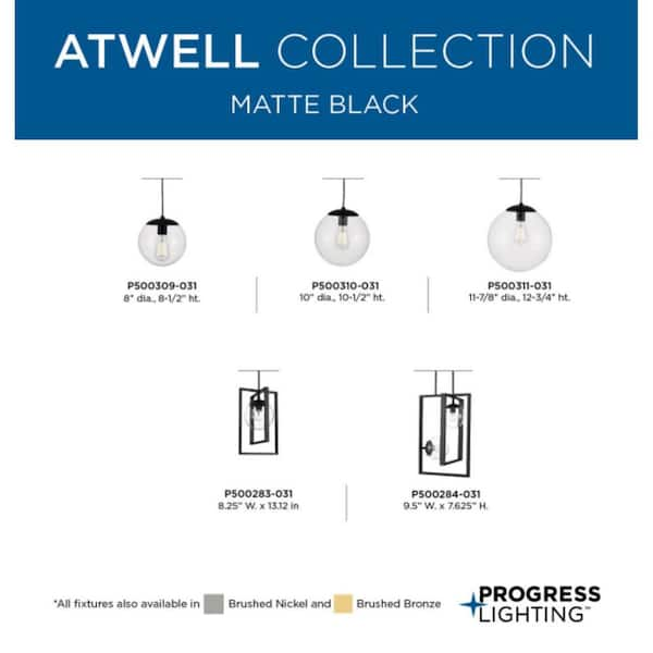 Progress Lighting Atwell 1-Light Matte Black Clear Glass Globe