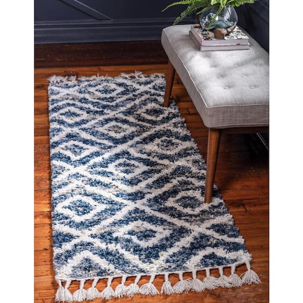 Hygge Shag Diamond Blue 2 ft. 7 in. x 8 ft. 2 in. Runner Rug