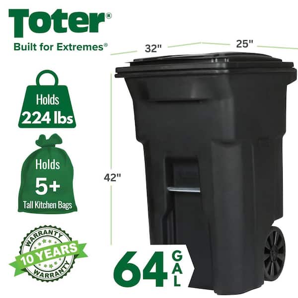64 Gallon Black Rolling Outdoor Garbage/Trash Can with Wheels and Attached Lid