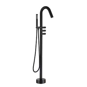 Freestanding Floor Mount Single Handle Bath Tub Filler Faucet with Handheld Shower and Water Supply Lines in Matte Black