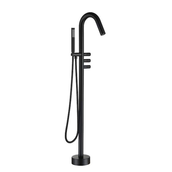 Boyel Living Freestanding Floor Mount Single Handle Bath Tub Filler Faucet with Handheld Shower and Water Supply Lines in Matte Black