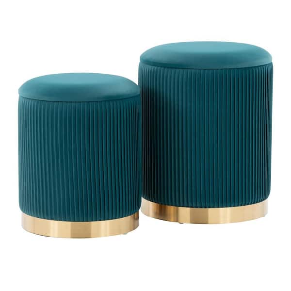 Marla Gold Metal and Peacock Teal Velvet Pleated Nesting Ottoman Set