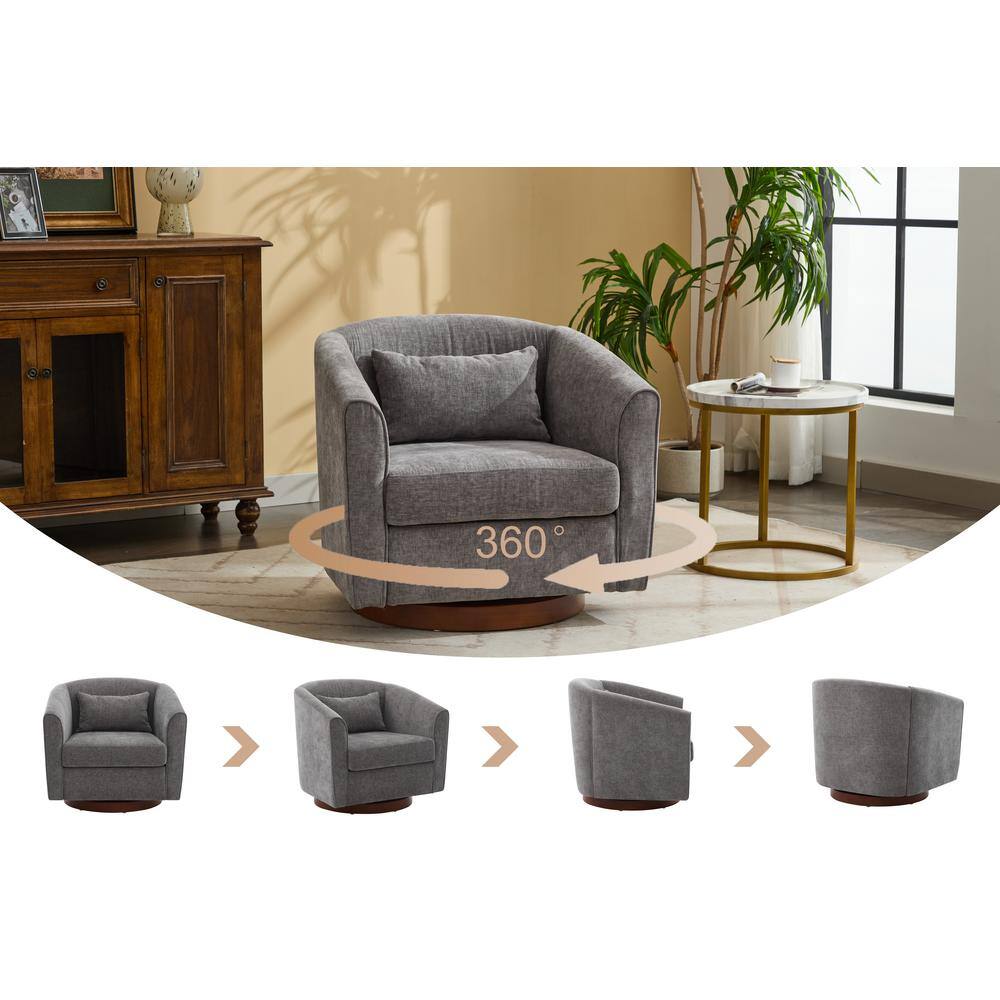 Gray Chenille Swivel Barrel Accent Chair with Wood Base