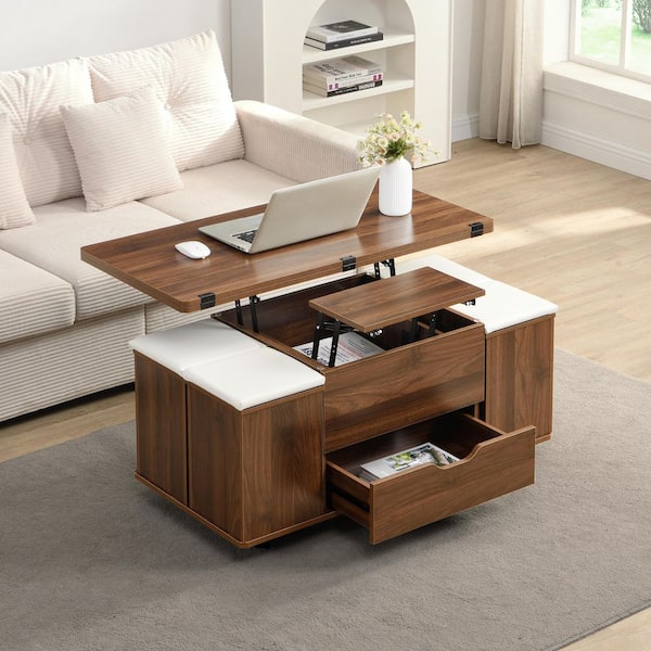 Chance Multi-Functional 39.4 in. Walnut Rectangle MDF Lift-Top Coffee Table with 4 Cushioned Stools, Storage, Casters
