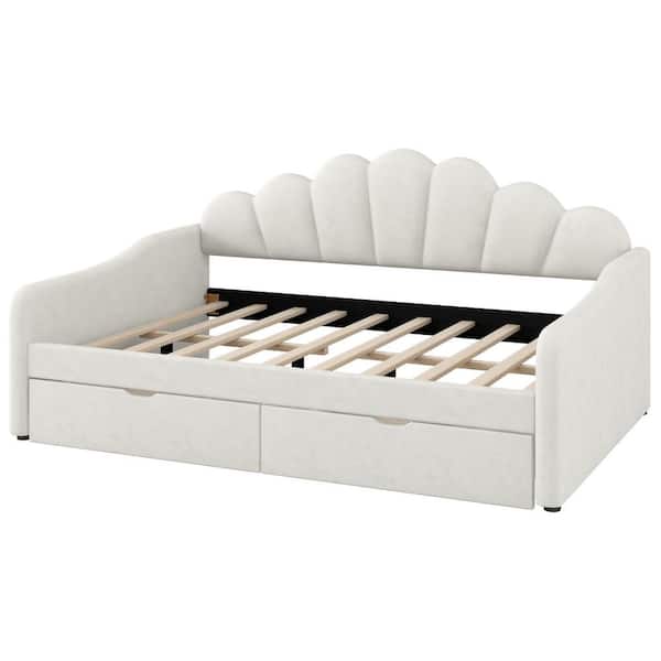 Acacia Wood, Beige Full Size Daybed with Shall Shaped Backrest and 2 Drawers