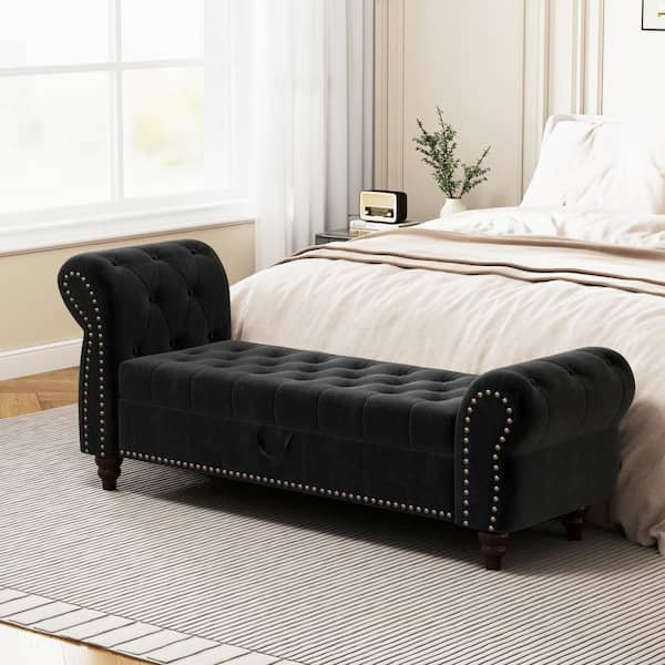 Harper & Bright Designs Black Modern Nails Tufted Armed Storage Bedroom Bench 28.7 in. H x 64.5 in. W x 19.3 in. D