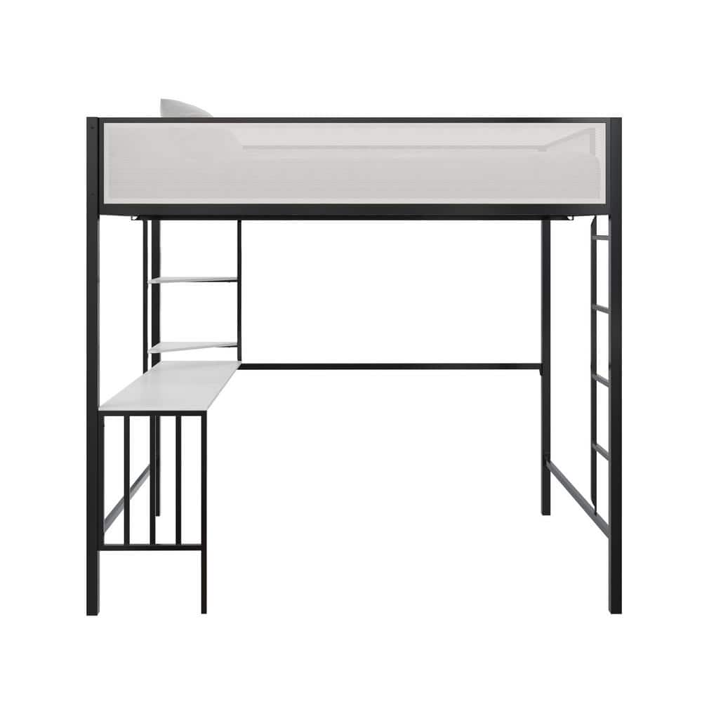 Axel Full Loft Bed with Desk and Shelves, Black and Off White
