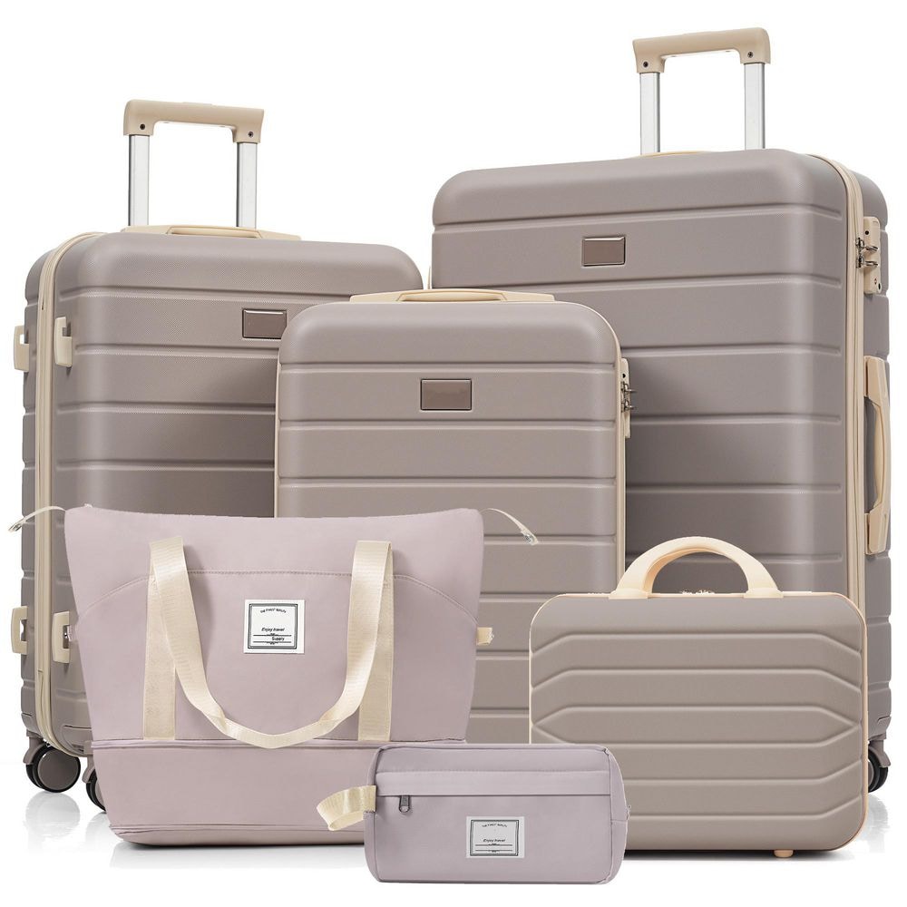 6-Pieces Brown ABS Plastic Luggage Set with TSA Lock, Expandable Travel Duffel Bag and Waterproof Toiletry Kit