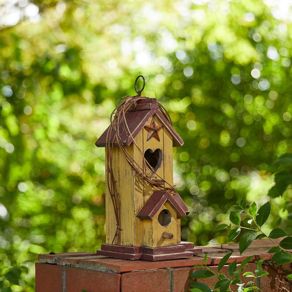 11.5 in Washed Yellow Distressed Solid Wood Cottage Birdhouse with Rattan