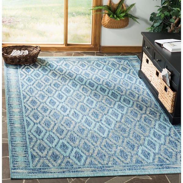 Courtyard Navy/Aqua 5 ft. x 8 ft. Border Indoor/Outdoor Patio  Area Rug