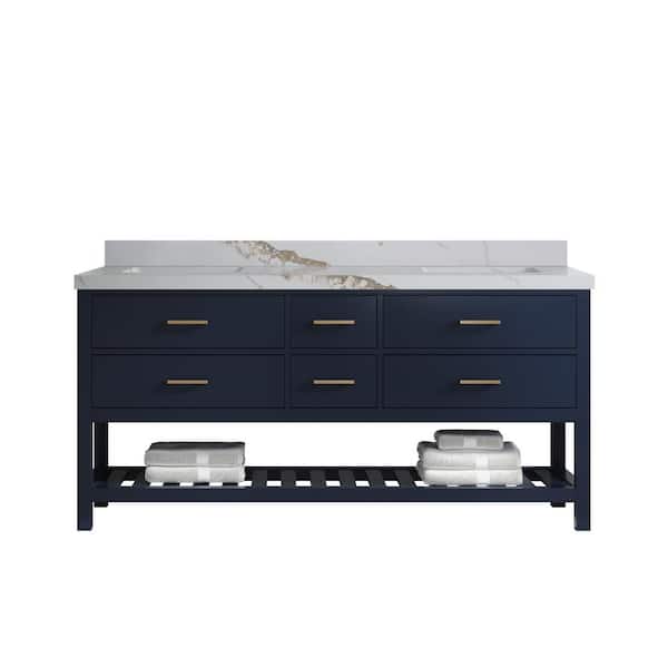 Willow Collections Parker 72 in. Double Sink Freestanding Navy Blue Bath Vanity with Calacatta Gold Qt. Top Unassembled