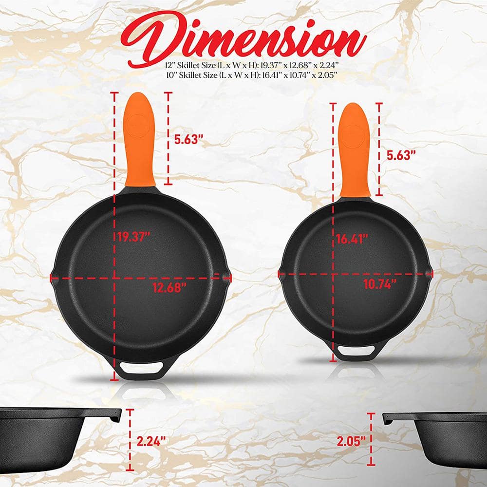 NutriChef 10" & 12" Pre-Seasoned Cast Iron Skillet Set with Silicone Handles