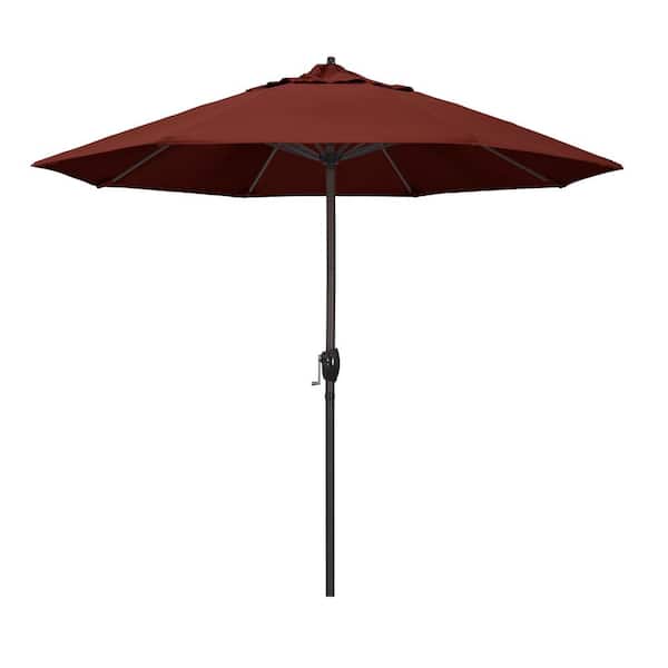 California Umbrella 9 ft. Bronze Aluminum Pole Market Aluminum Ribs Auto Tilt Crank Lift Patio Umbrella in Henna Sunbrella