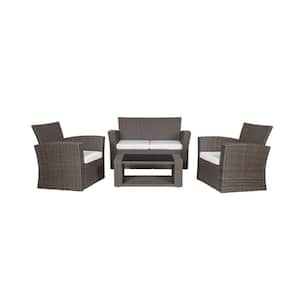 Hudson 4-Piece Gray Wicker Outdoor Patio Loveseat and Armchair Conversation Set with White Cushions and Coffee Table