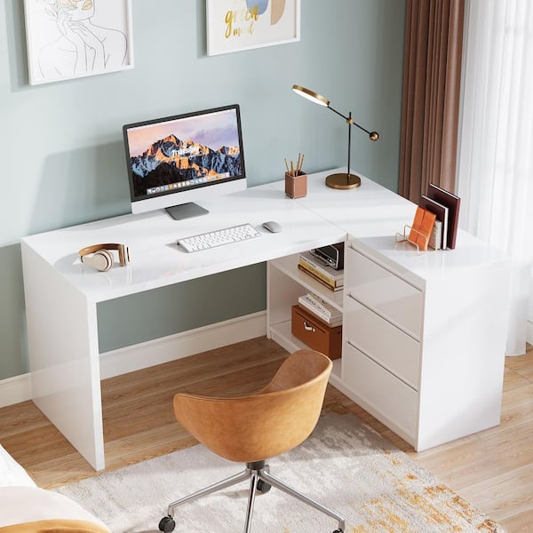 Halseey 55 in. L-Shaped White Wood 3-Drawer Computer Desk with Storage, 2 Shelves for Home and Office