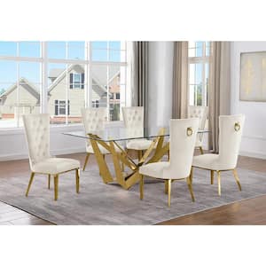 Rae 7-Piece Rectangular Glass Top Gold Stainless Steel Base Dining Set With 6 Cream Velvet Chairs