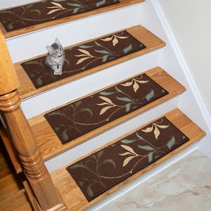 Ottohome Collection Non-Slip Rubberback Floral Leaves 8.5 in. x 26 in. Indoor Stair Treads, Set of 7, Brown