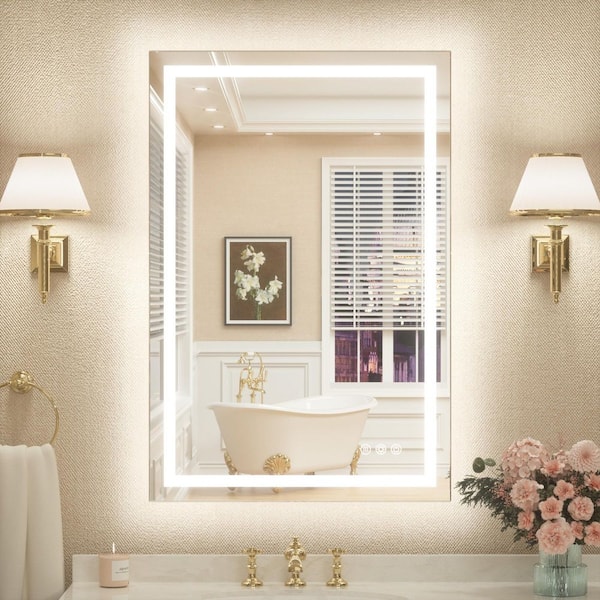 TETOTE 24 in. W x 36 in. H Rectangular Frameless LED Lighted Bathroom Vanity Mirror with Light with Backlit and Anti-Fog