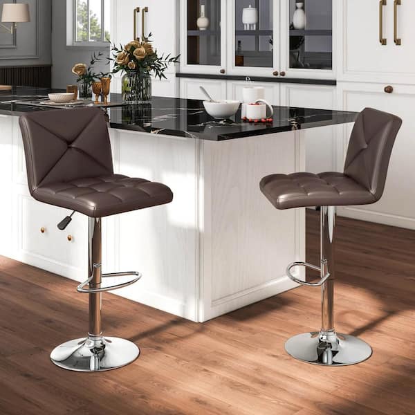 Brown Modern Bar Stools PU Leather Upholstered Swivel Counter Stools with Back (Set of 2)