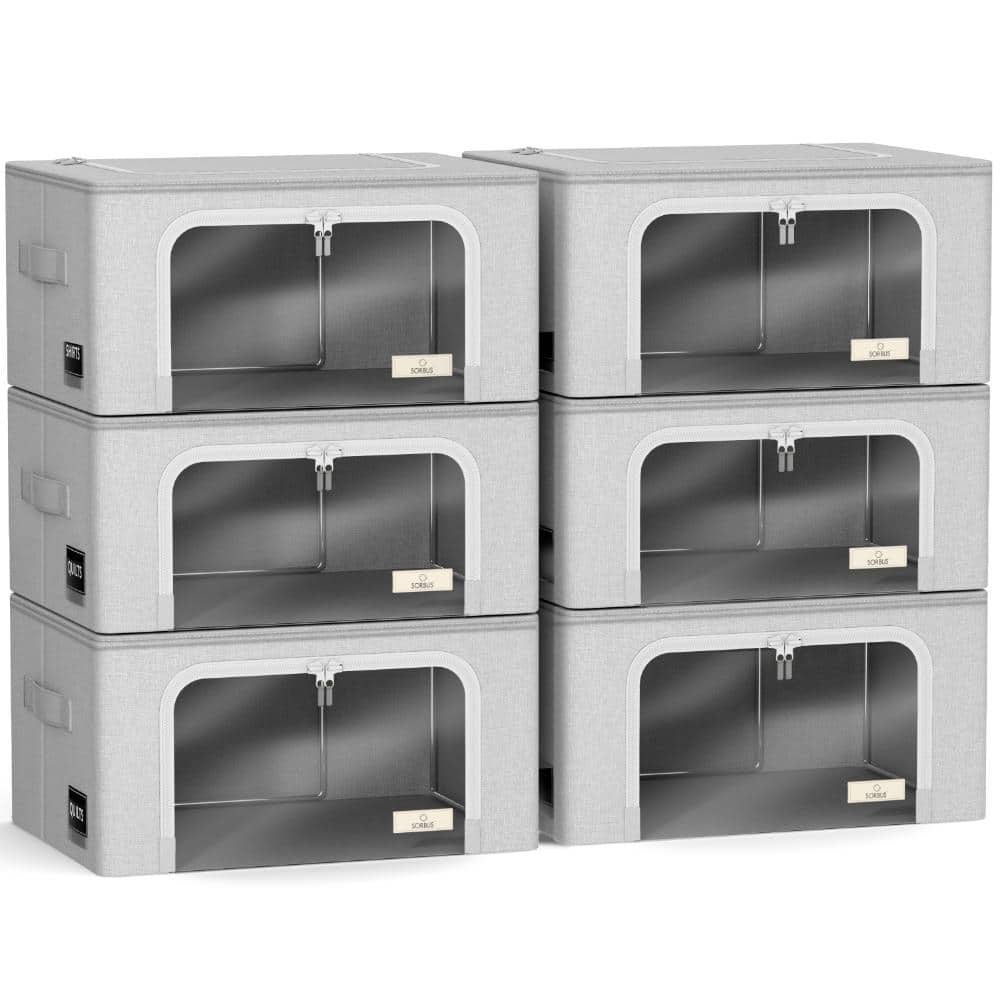 Oxford Fabric Storage Bins: Stackable, Foldable Organizer Bags, with Clear Window - Set of 6 - Gray