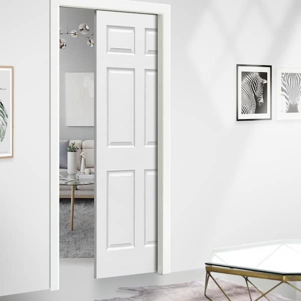 White Primed 30 in. x 80 in. Composite MDF 6PANEL Interior Sliding Door with Pocket Door Frame and Hardware Kit