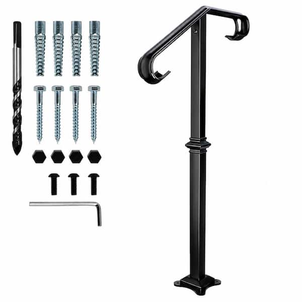 1 to 2 Step Wrought Iron Handrail Outdoor Stair Railing with Textured Base for Concrete and Wood Porch Stairs