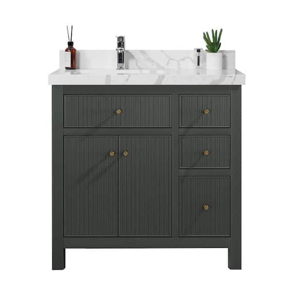 Willow Collections Sonoma 36 in. W x 22 in. D x 36 in. H Left Offset Sink Bath Vanity in Dark Green with 2 in Calacatta Quartz Vanity Top