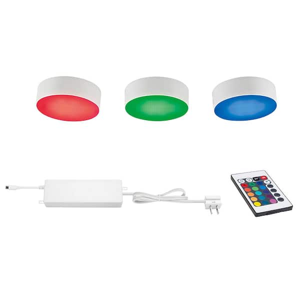 Commercial Electric Plug-in 3-Light LED RGBW Puck Light with Color Changing