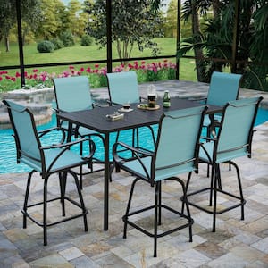 7-Piece Metal Outdoor Patio Bar Height Dining Set with Rectangle Slat Tabletop and Swivel Bar Stools