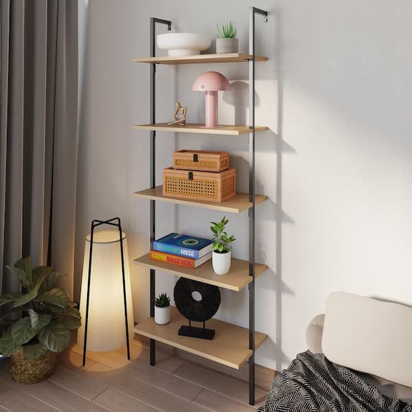 happimess Madera 72.05 in. Tall Classic Industrial 5-Shelf Wood Wall-Mounted Open Ladder Bookcase W/Metal Frame, Light Oak/Black