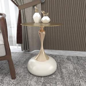 Modern Wide Side Table with Gold Stainless Steel Top Round 17.7 in. Table and Pedestal Base Savoy Series in White