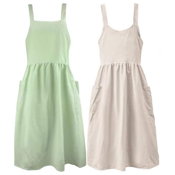 Angel Sar Cross Back Cotton Linen Apron with Pockets for Women, Beige and Light Green (2-Pack)
