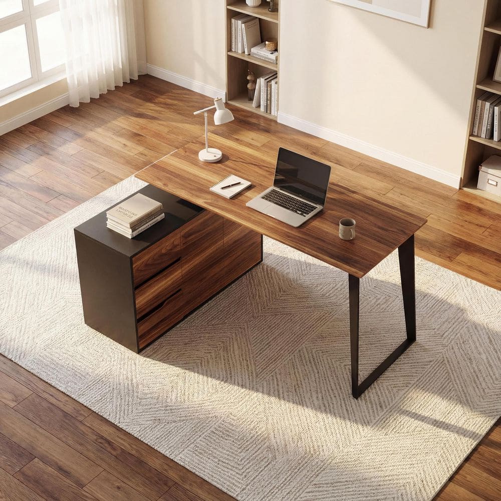 FUFU&GAGA 54.3 in. Reversible L-Shaped Brown Wood Writing Desk