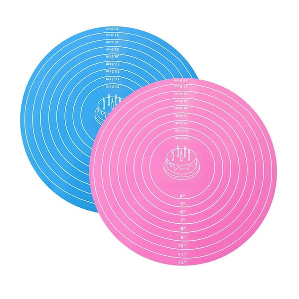 2 pcs Silicone Baking Mat Round Non-Stick Sheet Pink Blue Heat Resistant Pastry Pad with Measurements