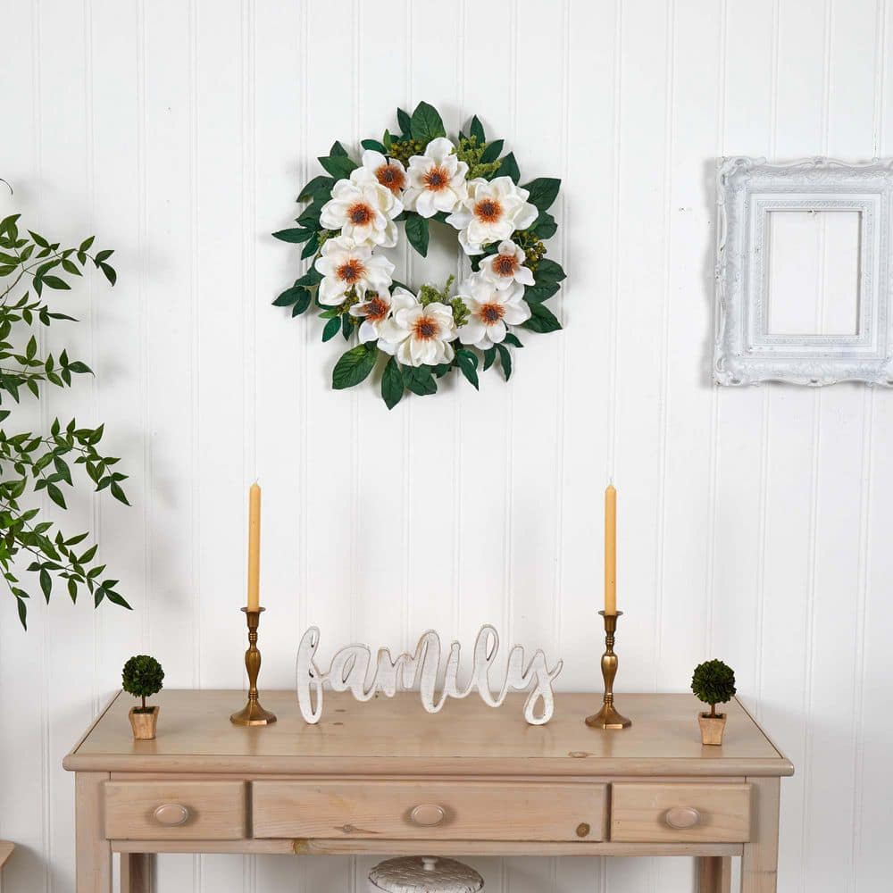 22-Inch White Magnolia Artificial Wreath with Greenery