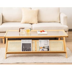 48 in. Natural Specialty Bamboo Glass Tabletop Coffee Table 2-Tier Handwoven Rattan Storage Shelf
